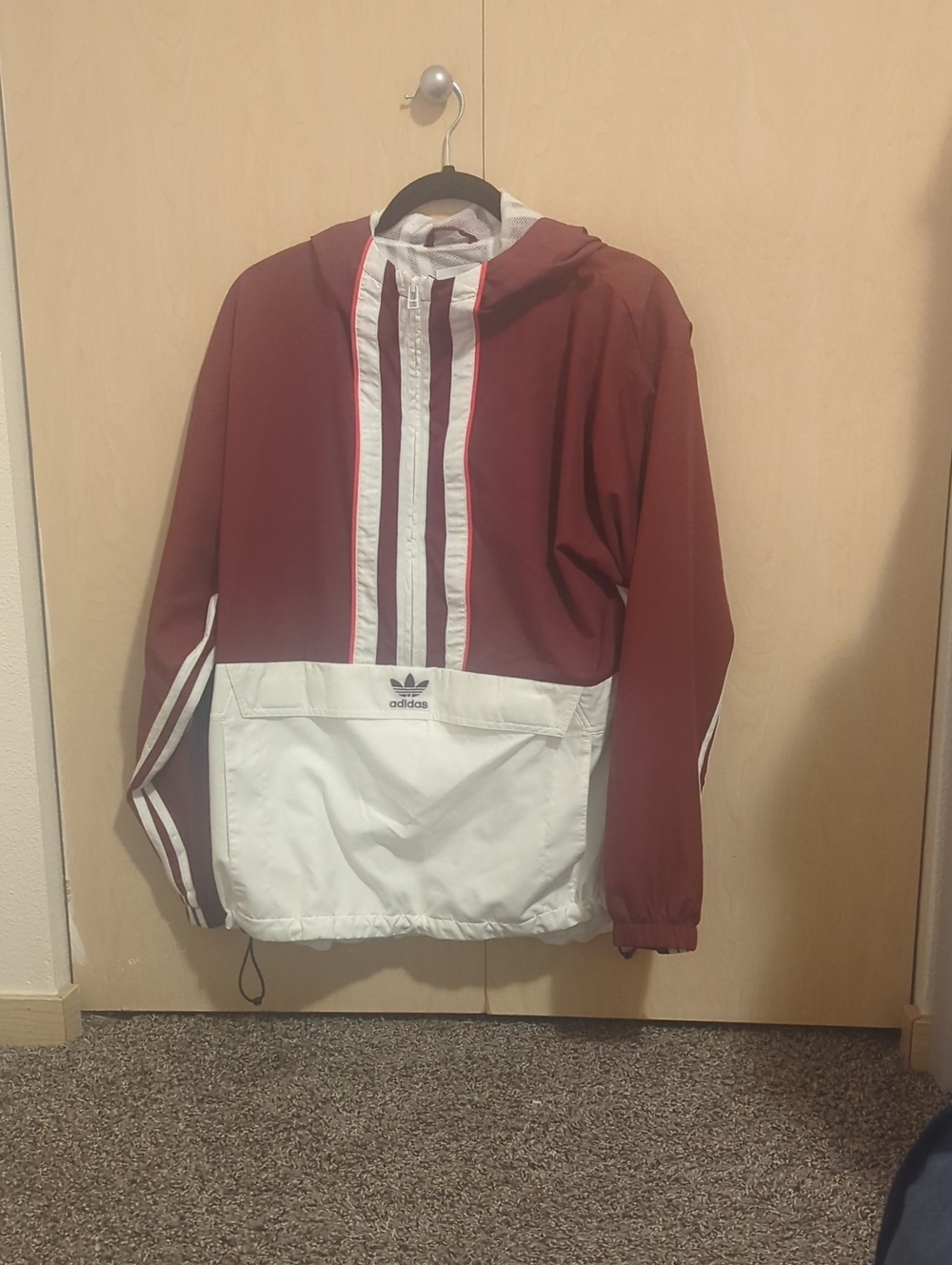 Adidas Maroon and White Hooded Anorak Jacket